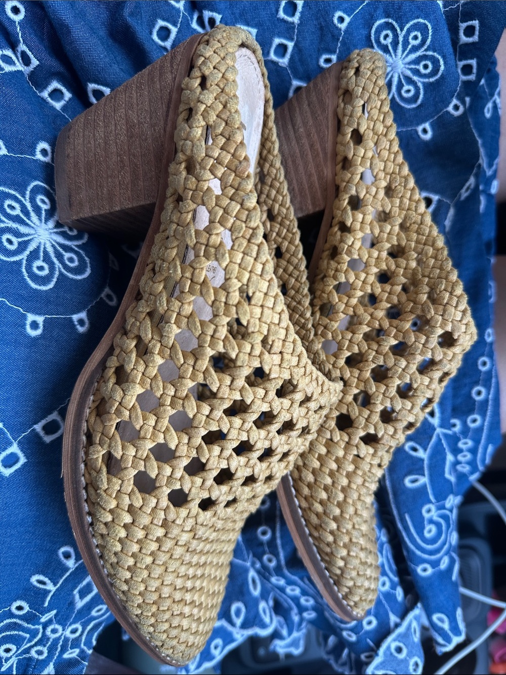 Mi.iM Woven Mustard Mule Heels Southwestern Bohemian Leather